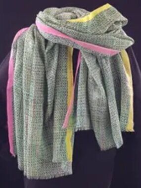 100% Cashmere Wrap Shawl Plaid Pink Yellow Trim Oversized Scarf 29x78